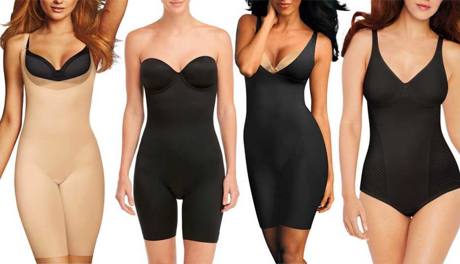 Body moldeador Skin Spa con control extrafirme que te permite usar tu propio sostén, de Maidenform; Suit Your Fancy Strapless Cupped Mid-Thigh Bodysuit, de Spanx; Sleek Smoothers con control firme y material para estilizar los muslos y espacio para tu propio sostén, de Maidenform; y body con control firme Passion For Comfort Minimizer, de Bali.