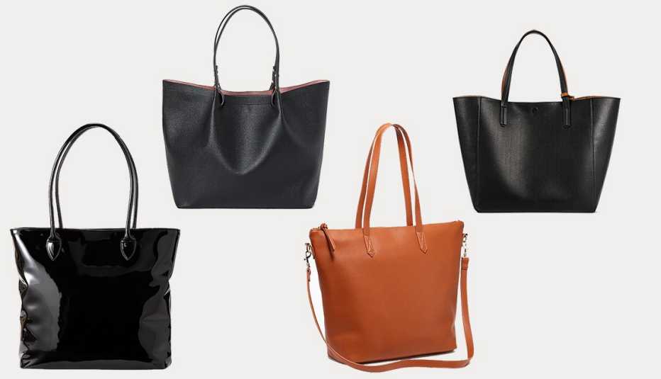 (izq. a dcha.): Women Enamel Tote Bag de Ines de la Fressange de Uniqlo, Shopper de H&M, Faux-Leather Zip-Top Tote for Women de Old Navy, Reversible Tote Handbag de A New Day.
