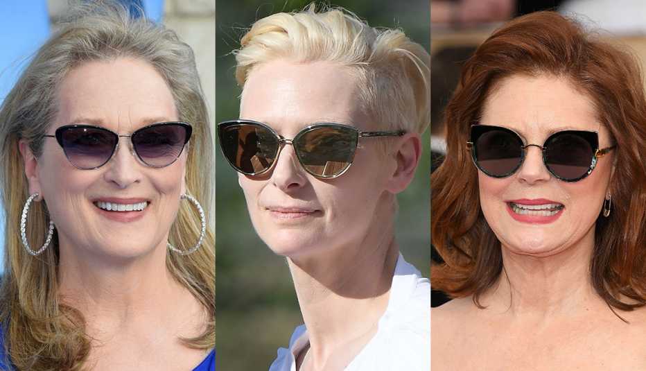 Meryl Streep con anteojos, labios color piel rosado y aretes de aro brillantes; Tilda Swinton con lentes de ojos de gato; Susan Sarandon con lentes ojo de gato grandes y labios rojos.