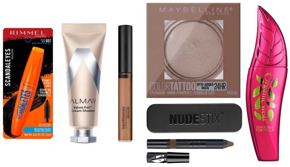 ScandalEyes Volume Flash Mascara, de Rimmel; sombra en crema Velvet Foil Cream Shadow, de Almay; base para sombra Gen Nude Eyeshadow Primer, de BareMinerals; sombra en crema Color Tattoo Longwear Cream Eyeshadow, de Maybelline; color para ojos Magnetic Matte Eye Color, de Nudestix; rímel Organic Wear Fake Out Mascara, de Physicians Formula