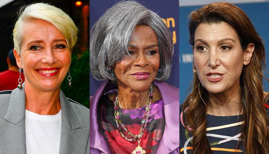 Emma Thompson, Cicely Tyson y Tina Sharkey mostrando maquillaje apropiado para el trabajo.