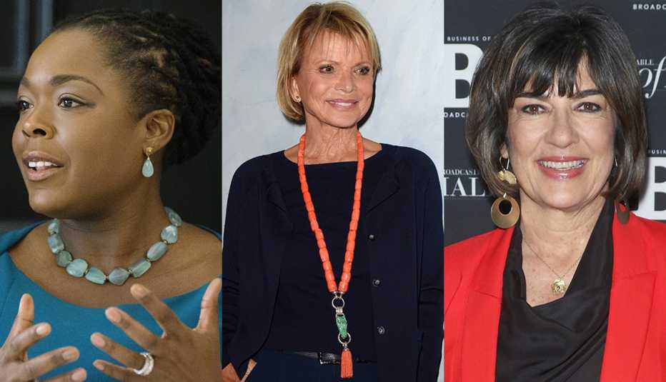 Nili Gilbert, Uschi Glas, Christiane Amanpour mostrando accesorios apropiados para el trabajo.