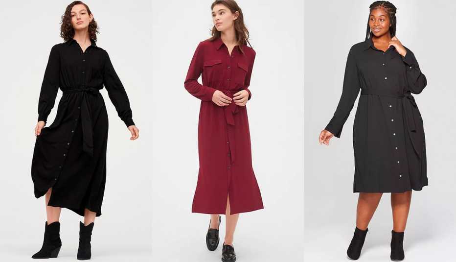 Vestido camisero con cinturón de nudo, de H&M; vestido camisero de punto a media pierna, de Gap; vestido camisero negro con cuello y manga larga, en tallas grandes, de Ava & Viv.