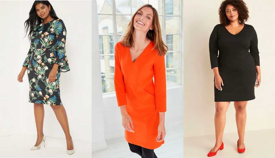 Vestido en tela de buzo con mangas acampanadas, de Eloquii; vestido tipo jersey color Firecracker, de Boden Bronte; vestido tipo tubo con cuello en V de corte delgado, disponible en tallas grandes, de Old Navy.