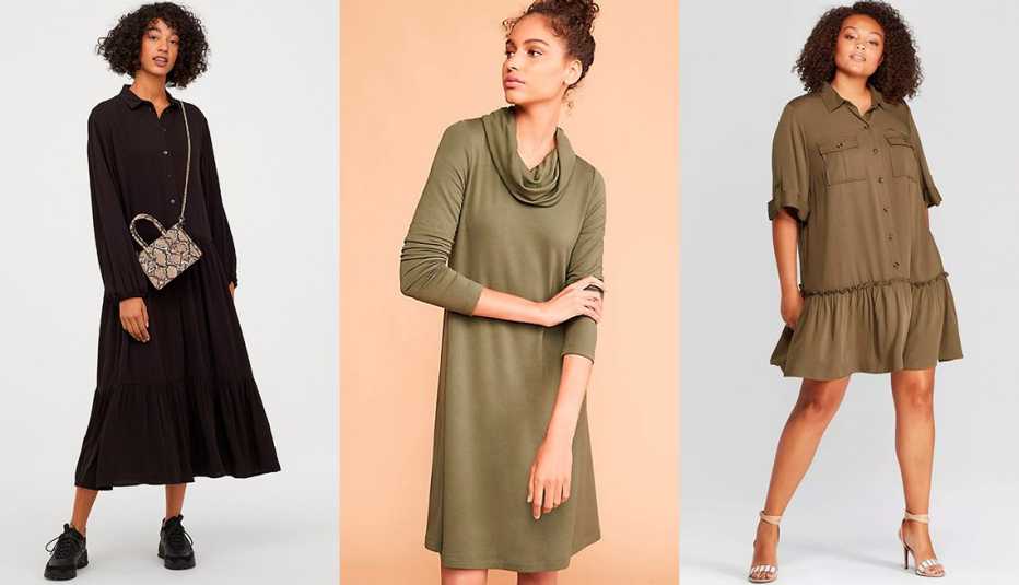 Vestido de corte ancho, de H&M; vestido estilo swing con cuello holgado en tela suave, exclusivo de Loft Lou & Gray; vestido de manga corta con cuello y corte en A color verde, disponible en tallas grandes, de Who What Wear.