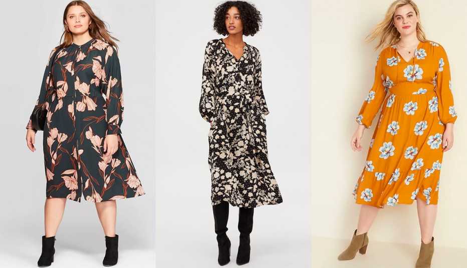 Vestido camisero a media pierna de manga larga con cuello en V, con estampado floral, disponible en tallas grandes, de New Day; vestido con cinturón de lazo, de H&M; vestido a media pierna con amarre en el cuello, estampado floral y cintura definida, disponible en tallas grandes, de Old Navy.