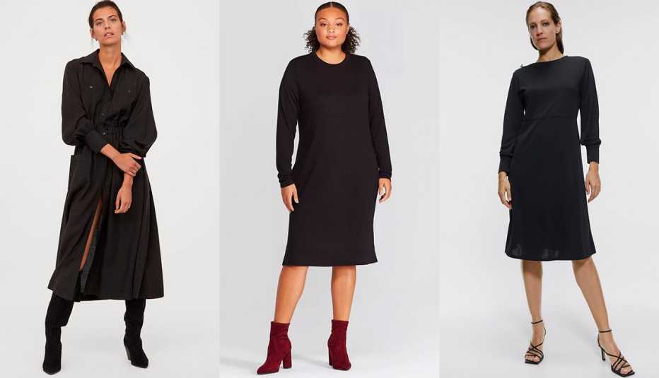 Vestido camisero hasta la pantorrilla, de H&M; vestido a media pierna de manga larga con cuello redondo, disponible en tallas grandes, de Prologue; vestido con botones, de Zara.