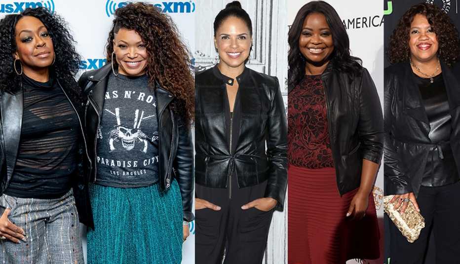 Tichina Arnold, Tisha Campbell, Soledad O'Brien, Octavia Spencer, y Chandra Wilson usando chaqueta de cuero.