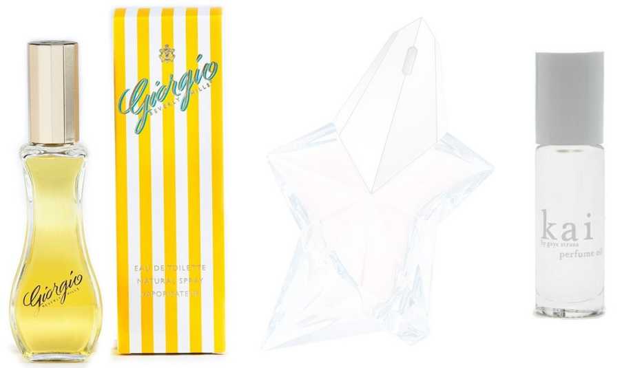 Perfume Giorgio Beverly Hills para mujer; Thierry Mugler Angel Eau de Toilette; Kai Perfume Oil.