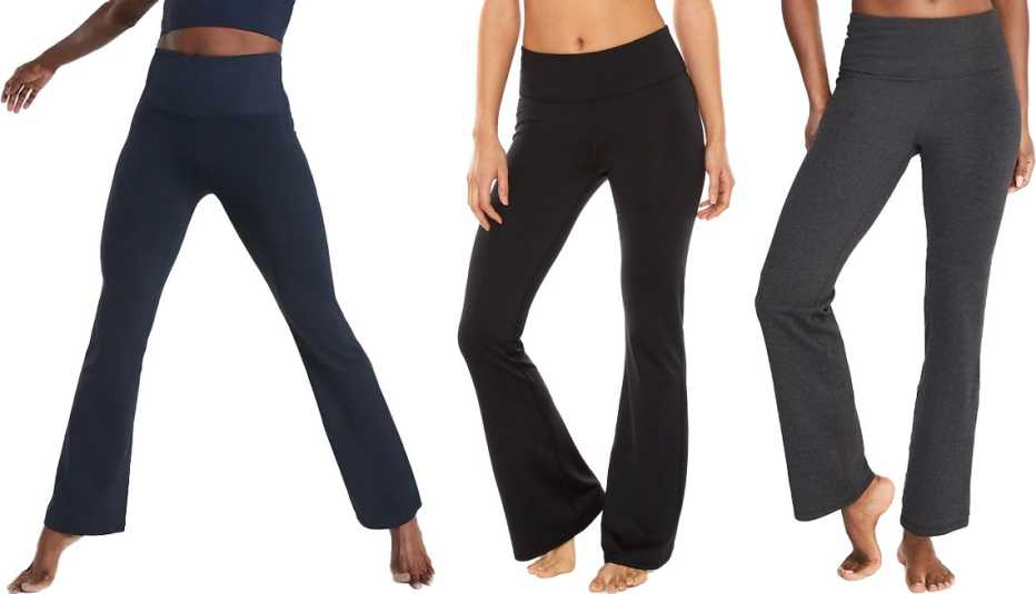 (De izquierda a derecha) Pantalón acampanado para estudio de Athleta; pantalón de yoga con corte de bota Gaiam Zen; pantalón de yoga con corte de bota ceñido y cintura alta de Old Navy