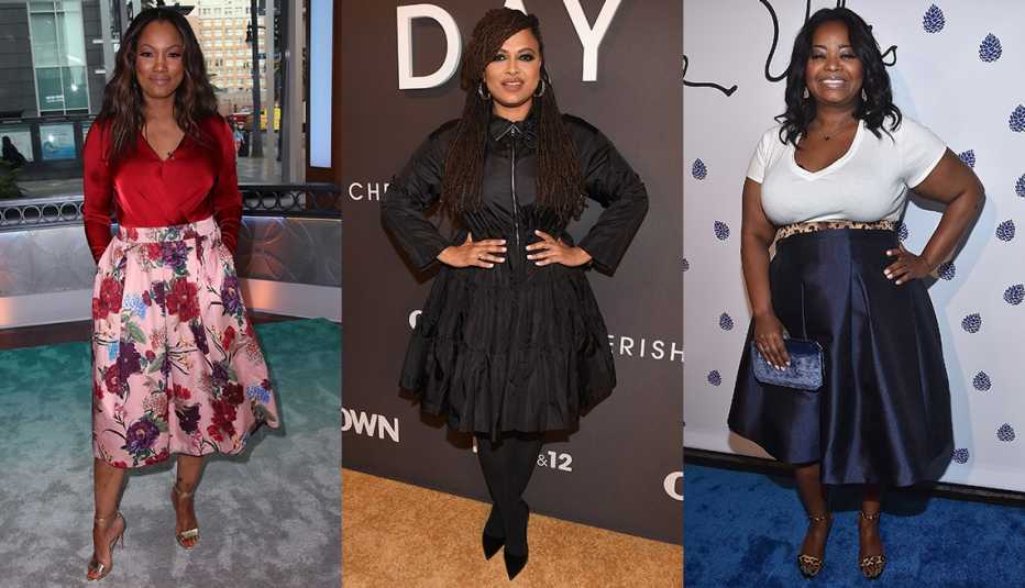 (De izquierda derecha) Garcelle Beauvais, Ava DuVernay y Octavia Spencer usando falda "midi". (De izquierda derecha) Garcelle Beauvais, Ava DuVernay y Octavia Spencer usando falda "midi".