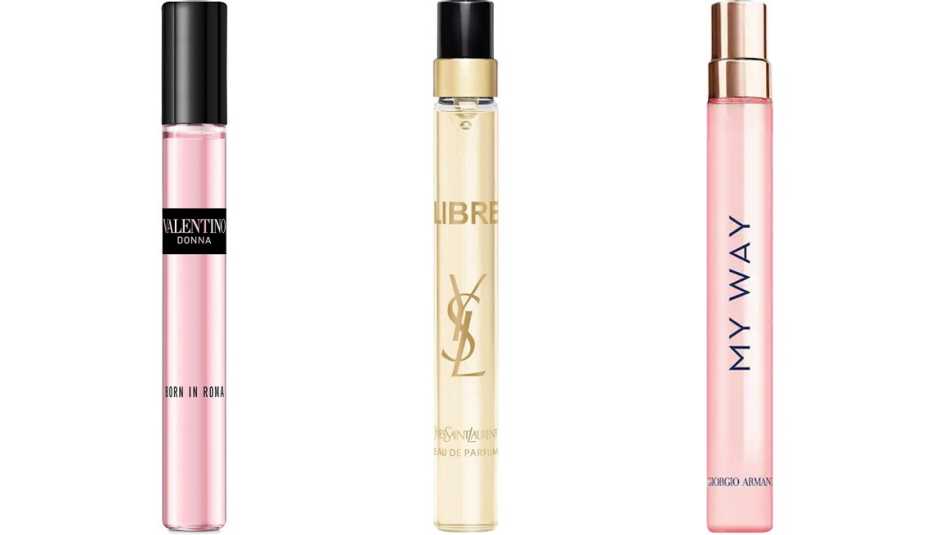 (De izquierda a derecha) Valentino Donna Born in Roma Eau de Parfum Travel Spray; Yves Saint Laurent Libre Eau de Parfum Travel Spray; Armani Beauty My Way Eau de Parfum Travel Spray. (De izquierda a derecha) Valentino Donna Born in Roma Eau de Parfum Travel Spray; Yves Saint Laurent Libre Eau de Parfum Travel Spray; Armani Beauty My Way Eau de Parfum Travel Spray.