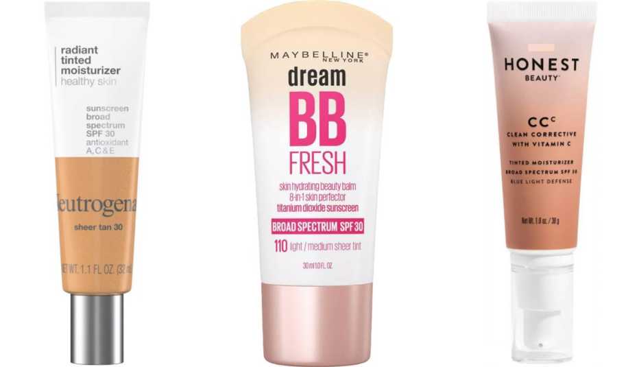 (De izquierda a derecha) Neutrogena Radiant Tinted Moisturizer with SPF 30; Maybelline Dream Fresh BB Cream SPF 30; Honest Beauty Clean Corrective CC with Vitamin C SPF 30.
