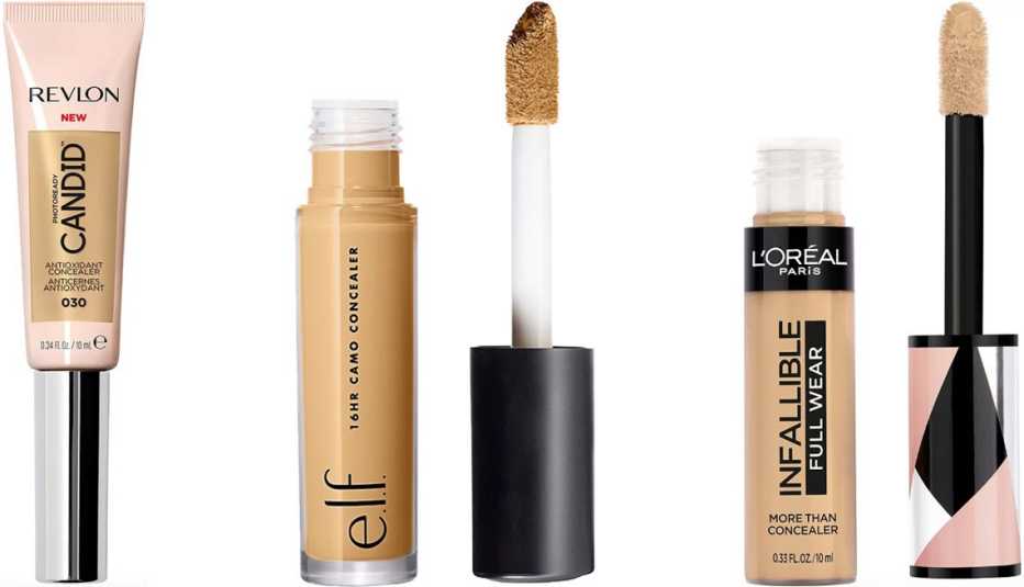 (De izquierda a derecha) Revlon PhotoReady Candid Antioxidant Concealer; e.l.f. Cosmetics 16 HR Camo Concealer; L’Oréal Paris Infallible Full Wear Waterproof Concealer.
