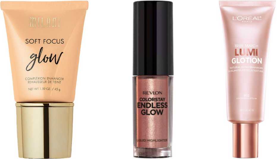 (De izquierda a derecha) Milani Soft Focus Glow Complexion Enhancer en color nude glow; Revlon ColorStay Endless Glow Liquid Highlighter en color rose quartz; L’Oréal Paris True Match Lumi Glotion Natural Glow Enhancer en color 902 light glow..