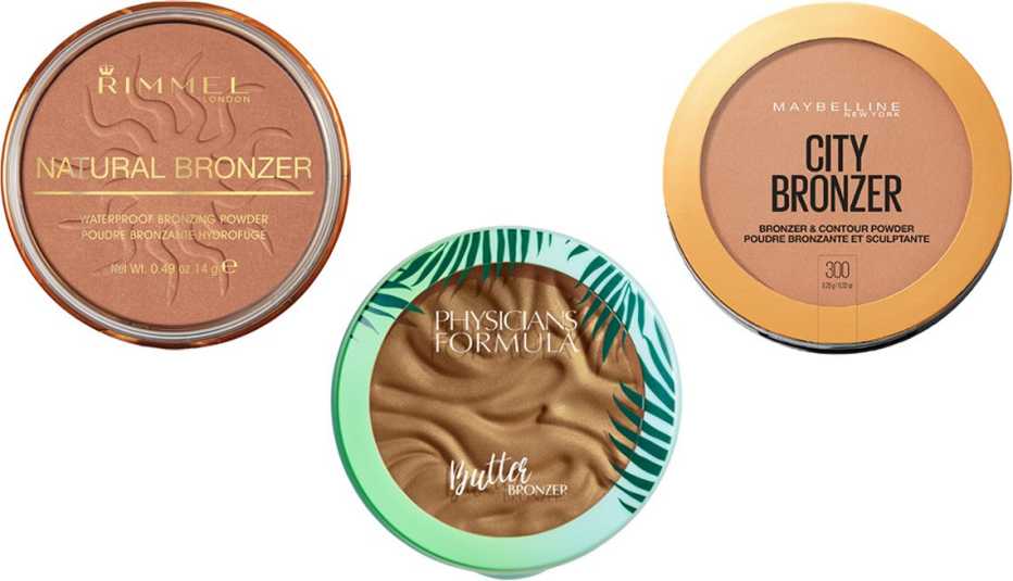 (De izquierda a derecha) Rimmel Natural Bronzer en color sun dance; Physicians Formula Murumuru Butter Bronzer en color brazilian glow; Maybelline City Bronzer and Contour Powder en color 300.