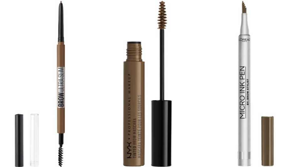 (De izquierda a derecha) Maybelline Brow Ultra-Slim Defining Eyebrow Pencil; NYX Professional Makeup Tinted Brow Mascara; L’Oréal Paris Micro Ink Pen by Brow Stylist Up to 48H Wear.