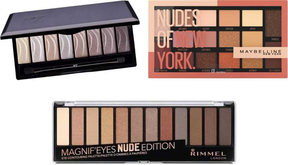 (En el sentido del reloj desde arriba) No7 Stay Perfect Eyeshadow Palette en nude; Maybelline Nudes of New York Eyeshadow; Rimmel Magnif’Eyes Eyeshadow Palette001 en nude edition.