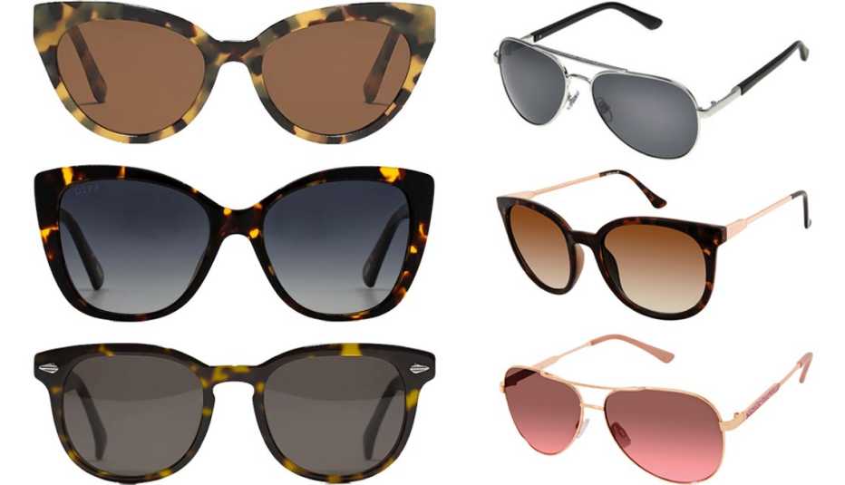 (Desde arriba a la izq., en el sentido de las agujas del reloj) Gafas de sol estilo ojo de gato J. Crew Pacific en carey caramelo; Foster Grant TP 05; gafas de sol rectangulares Laundry by Design para mujer con 100% de protección contra rayos UV; gafas de sol metálicas estilo aviador Jessica Simpson para mujer con 100% de protección contra rayos UV; gafas de sol J. Crew Dock para hombre; gafas de sol polarizadas DIFF Eyewear en carey rubí para mujer
