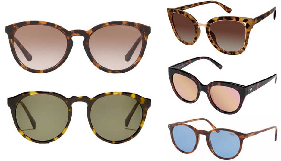 (Desde arriba a la izq., en el sentido de las agujas del reloj) Michael Kors MK2080U en carey oscuro/gradiente ahumado; gafas de sol estilo ojo de gato CC447 Circus by Sam Edelman para mujer; gafas de sol estilo ojo de gato Le Specs “Crazy in Love” en carey; lentes Polo PH4110 en Havana a rayas/azul claro; gafas de sol J.Crew Portico en carey marrón