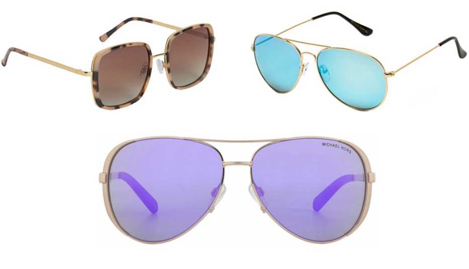 (De izq. a der., en el sentido de las agujas del reloj) Gafas de sol polarizadas H&M para mujer en dorado/con diseños; gafas de sol WearMe Pro Aviator Full Mirror Silver en marco dorado/lentes espejadas azules; Michael Kors MK5004 con lentes espejadas violeta/oro rosado