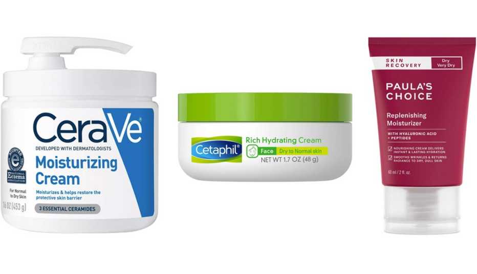 (De izq. a der.) CeraVe Moisturizing Cream for Normal to Dry Skin; Cetaphil Rich Hydrating Cream; Paula’s Choice Skin Recovery Replenishing Moisturizer with Hyaluronic Acid + Peptides for Dry/Very Dry (De izq. a der.) CeraVe Moisturizing Cream for Normal to Dry Skin; Cetaphil Rich Hydrating Cream; Paula’s Choice Skin Recovery Replenishing Moisturizer with Hyaluronic Acid + Peptides for Dry/Very Dry