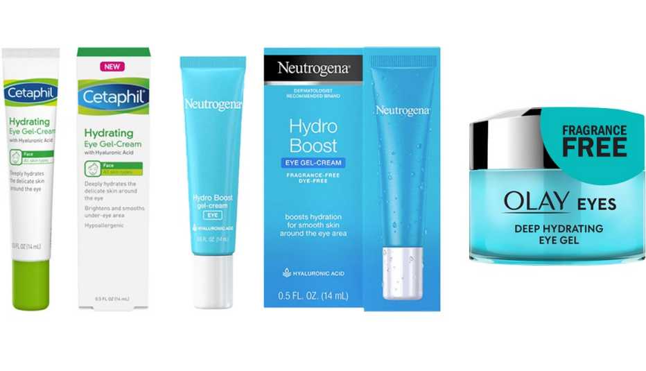 (De izq. a der.) Cetaphil Hydrating Eye Gel-Cream; Neutrogena Hydro-Boost Eye Gel-Cream; Olay Eyes Deep Hydrating Eye Gel (De izq. a der.) Cetaphil Hydrating Eye Gel-Cream; Neutrogena Hydro-Boost Eye Gel-Cream; Olay Eyes Deep Hydrating Eye Gel