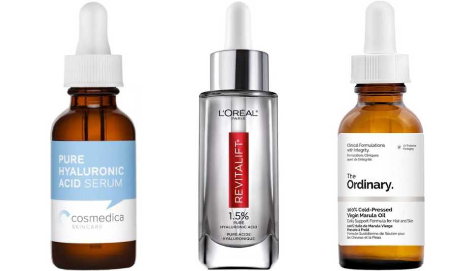 (De izq. a der.) Cosmedica Skincare Pure Hyaluronic Acid Serum; L'Oreal Paris Revitalift Derm Intensives Hyaluronic Acid Facial Serum; The Ordinary 100% Cold Pressed Virgin Marula Oil (De izq. a der.) Cosmedica Skincare Pure Hyaluronic Acid Serum; L'Oreal Paris Revitalift Derm Intensives Hyaluronic Acid Facial Serum; The Ordinary 100% Cold Pressed Virgin Marula Oil