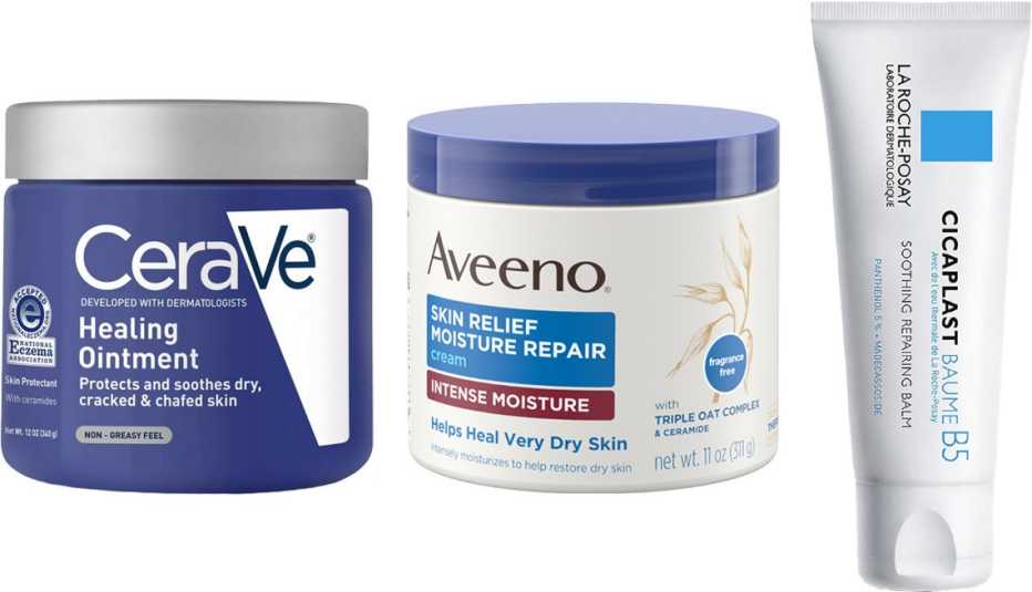  (De izq. a der.) CeraVe Healing Ointment for Dry and Chaffed Skin; Aveeno Skin Relief Moisture Repair Cream; La Roche-Posay Cicaplast Baume B5 Soothing Multi Purpose Cream for Dry Skin