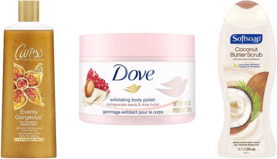  (De izq. a der.) Caress Exfoliating Body Wash Evenly Gorgeous with Burnt Brown Sugar and Karite Butter; Dove Exfoliating Body Scrub in Pomegranate & Shea Butter; Softsoap Exfoliating Body Wash Scrub Coconut Butter.