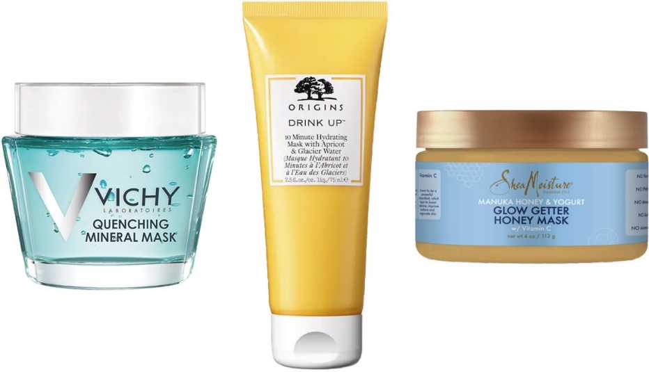  (De izq. a der.) Vichy Quenching Mineral Mask; Origins Drink Up 10 Minute Hydrating Mask; SheaMoisture Manuka Yogurt & Honey Glow Getter Honey Mask