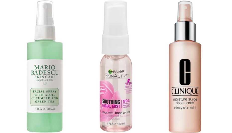  (De izq. a der.) Mario Badescu Facial Spray with Aloe, Cucumber and Green Tea; Garnier Travel Size SkinActive Facial Mist Spray with Rosewater; Clinique Moisture Surge Face Spray