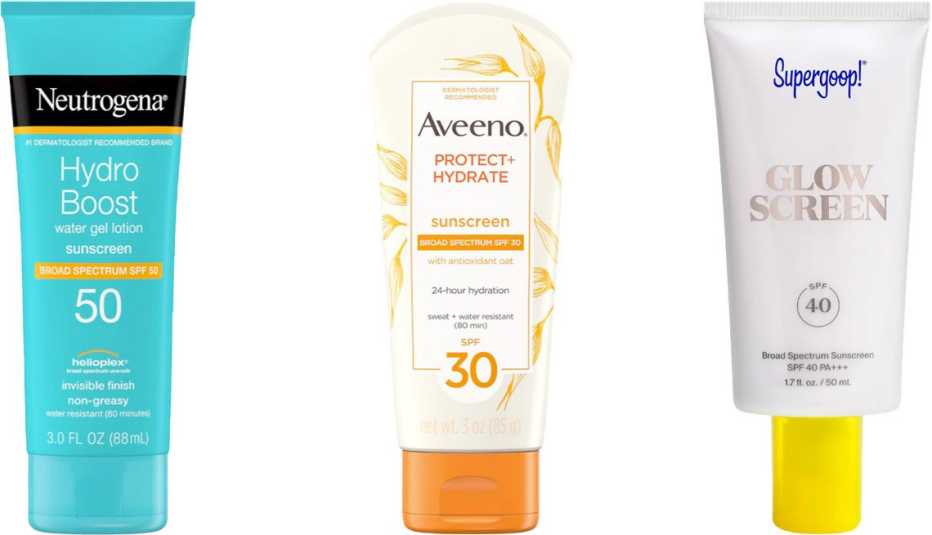  (De izq. a der.) Neutrogena Hydro Boost Moisturizing Sunscreen SPF 50; Aveeno Moisturizing Sunscreen Lotion SPF 30; Supergoop! Glow Screen Broad Spectrum Sunscreen SPF 40