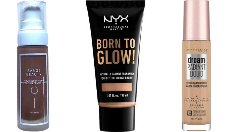  (De izq. a der.) Range Beauty True Intentions Hydrating Formula; NYX Professional Makeup Born to Glow Radiant Foundation; Maybelline Dream Radiant Liquid Foundation with Hyaluronic Acid + Collagen