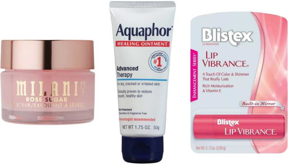  (De izq. a der.) Milani Rose Sugar Lip Scrub; Aquaphor Healing Ointment; Blistex Lip Vibrance Lip Balm