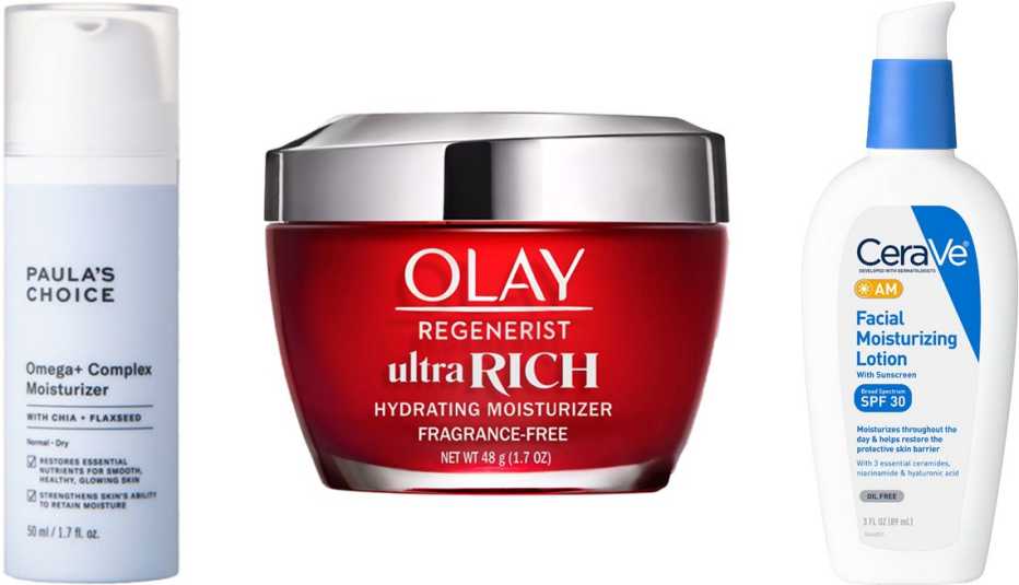 (De izquierda a derecha) Paula’s Choice Omega+ Complex Moisturizer; Olay Regenerist Ultra Rich Hydrating Moisturizer Unscented; CeraVe AM Facial Moisturizing Lotion SPF 30