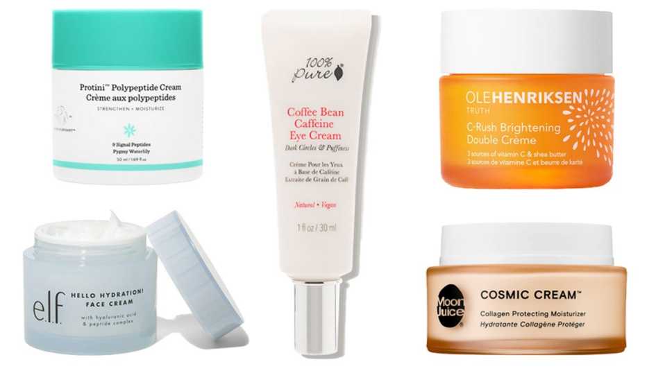 Drunk Elephant Protini Polypeptide Moisturizer (arriba, a la izq.); e.l.f. Cosmetics Holy Hydration! Face Cream (abajo, a la izq.); 100% Pure Coffee Bean Caffeine Eye Cream (en el centro); Ole Henriksen C-Rush Brightening Double Crème (arriba, a la der.); Moon Juice Cosmic Cream Collagen Protecting Moisturizer (abajo, a la der.)