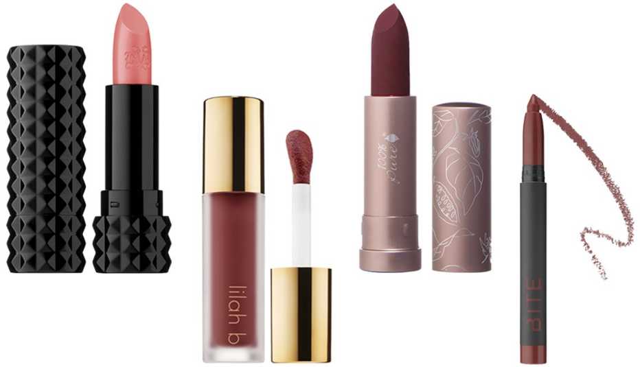 (De izq. a der.) KVD Vegan Beauty Studded Kiss Crème Lipstick; lilah b. Lovingly Lip Tinted Lip Oil; 100% Pure Cocoa Butter Semi-Matte Lipstick; BITE Beauty Power Move Creamy Matte Lip Crayon
