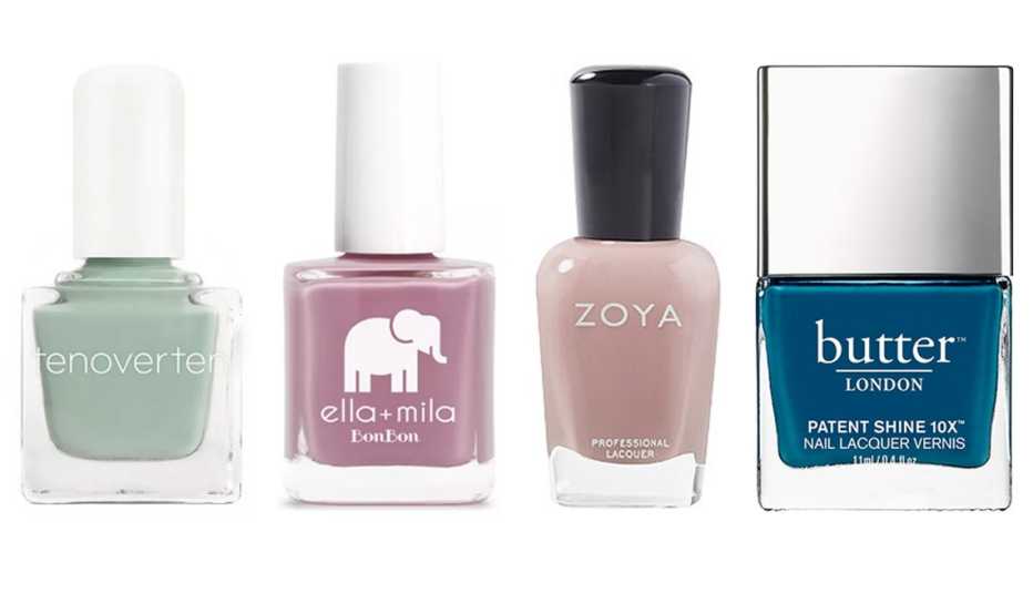 (De izq. a der.) tenoverten Nail Polish; ella+mila Nail Polish Collection; Zoya Nail Lacquer; butter LONDON Patent Shine 10X Nail Lacquer