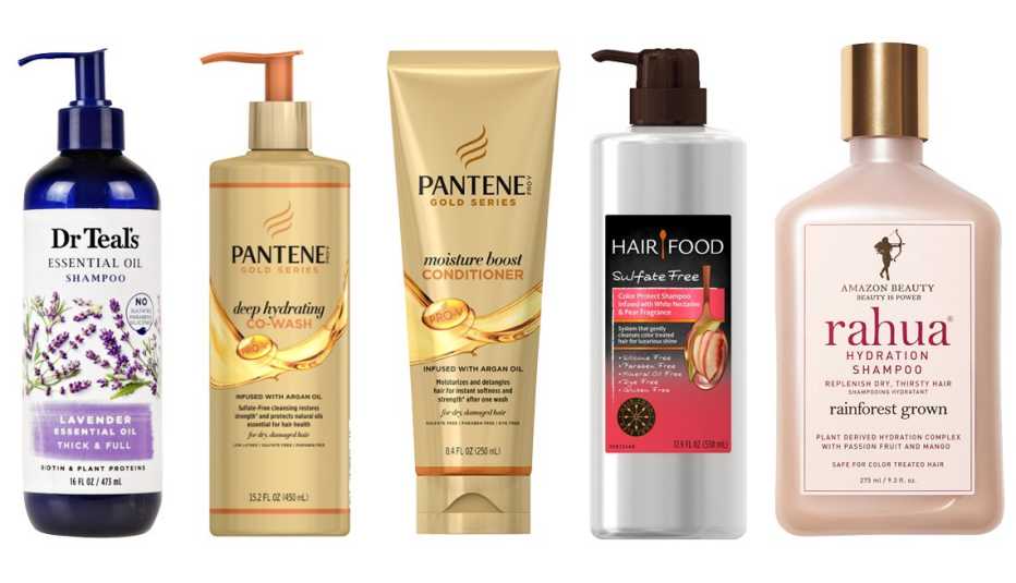 (De izq. a der.) Dr Teal's Lavender Thick & Full Essential Oil Shampoo, Sulfate Free; Pantene Pro-V Gold Series Deep Hydrating Co-Wash; Pantene Pro-V Gold Series Moisture Boost Conditioner Infused with Argan Oil; Clairol Hair Food Color Protect Shampoo White Nectarine & Pear; Rahua Hydration Shampoo