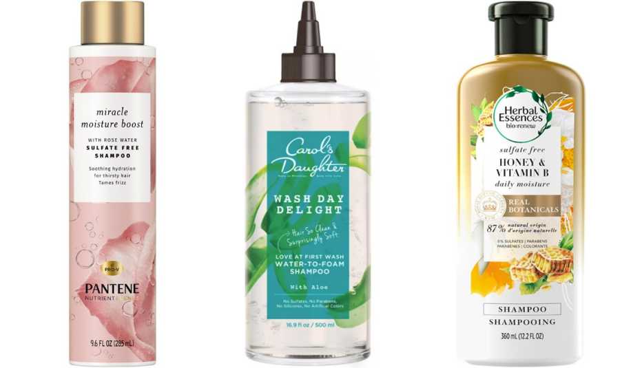 Champú para cabello seco Pantene Nutrient Blends Miracle Moisture Boost Rose Water Shampoo for Dry Hair, Sulfate Free; champú Carol’s Daughter Wash Day Delight Shampoo; champú Herbal Essences Bio:Renew Honey &amp; Vitamin B Sulfate-Free Moisture Shampoo.