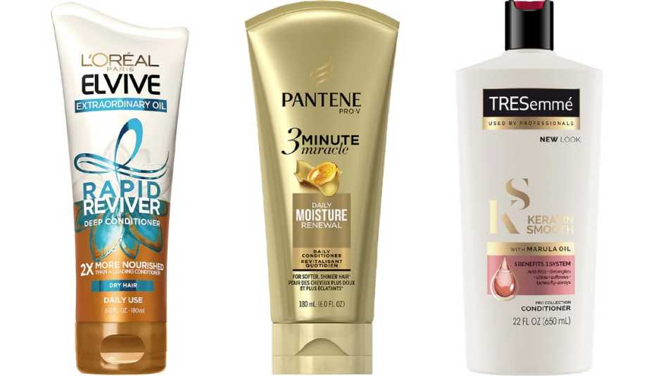(De izq. a der.) Acondicionador profundo L’Oréal Paris Elvive Extraordinary Oil Rapid Reviver Deep Conditioner; acondicionador Pantene Daily Moisture Renewal 3 Minute Miracle Daily Conditioner; acondicionador TRESemmé Keratin Smooth Conditioner.