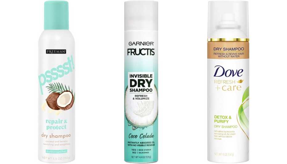 (De izq. a der.) Freeman Psssst! Champú en seco para cabello dañado Instant Dry Shampoo Spray for Dry/Damaged Hair; champú en seco Garnier Fructis Invisible Dry Shampoo Coco Colada; champú en seco Dove Detox & Purify Dry Shampoo.