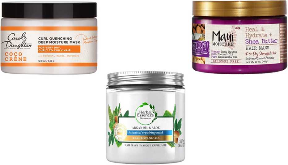 Mascarilla Carol’s Daughter Coco Crème Curl Quenching Deep Moisture Mask; mascarilla Maui Moisture Heal & Hydrate + Shea Butter Hair Mask; mascarilla Herbal Essences Bio:Renew Argan Oil & Aloe Repairing Hair Mask for Dry Damaged Hair.