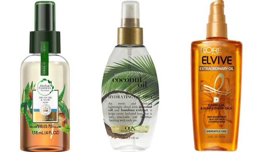 (De izq. a der.) Herbal Essences Bio:Renew Argan Oil & Aloe Hair Oil Mist; OGX Nourishing Coconut Oil Weightless Hydrating Oil Mist; L’Oréal Paris Elvive Extraordinary Oil.