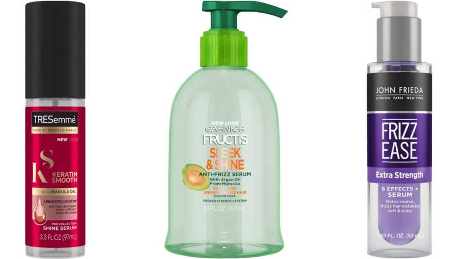 (De izq. a der.) Sueros TRESemmé Keratin Smooth Shine Serum; Garnier Fructis Sleek & Shine Anti-Frizz Serum; John Frieda Frizz Ease Extra Strength 6 Effects Serum.