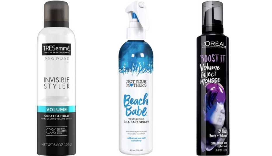(De iza. a der.) TRESemmé Pro Pure Invisible Styler Volume Hair Styling Spray; Not Your Mother’s Beach Babe Texturizing Sea Salt Spray; L’Oréal Paris Advanced Hairstyle Boost It Volume Inject Mousse.