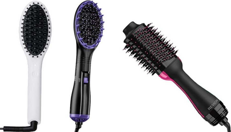 (De izq. a der.) Cepillo alisador InStyler Straight Up Mini Ceramic Straightening Brush; cepillo secador InfinitiPro by Conair Dry & Style Hot Air Paddle Brush; secador Revlon One-Step Volumizer Hair Dryer.