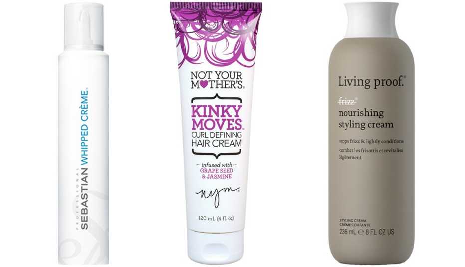 (De izq. a der.) Sebastian Whipped Creme; Not Your Mother's Kinky Moves Curl Defining Hair Cream; Living Proof No Frizz Nourishing Styling Cream