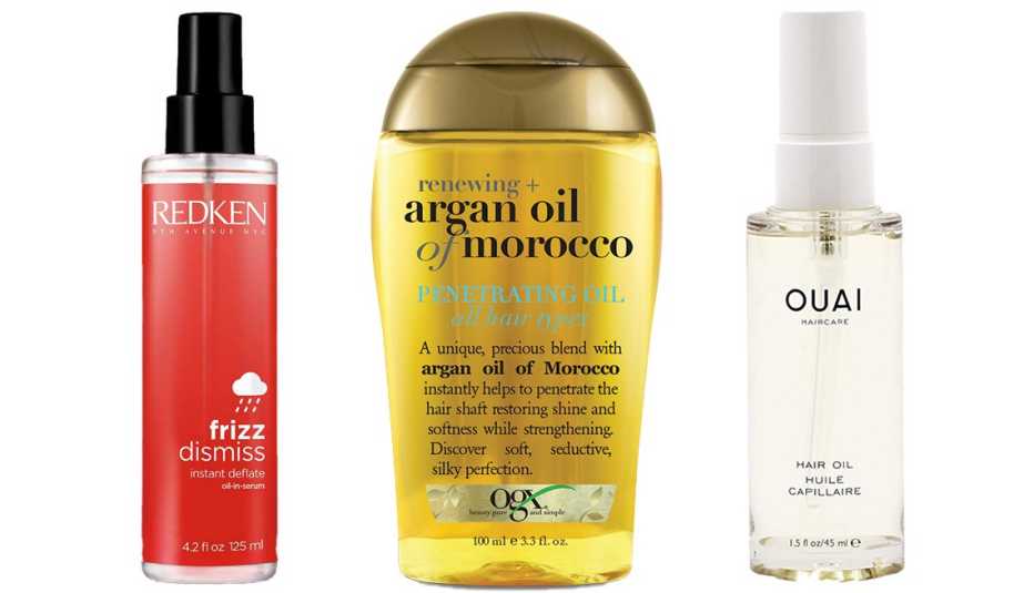 (De izq. a der.) Redken Frizz Dismiss Instant Deflate Oil in Serum; OGX Moroccan Penetrating Oil Regular; OUAI Hair Oil